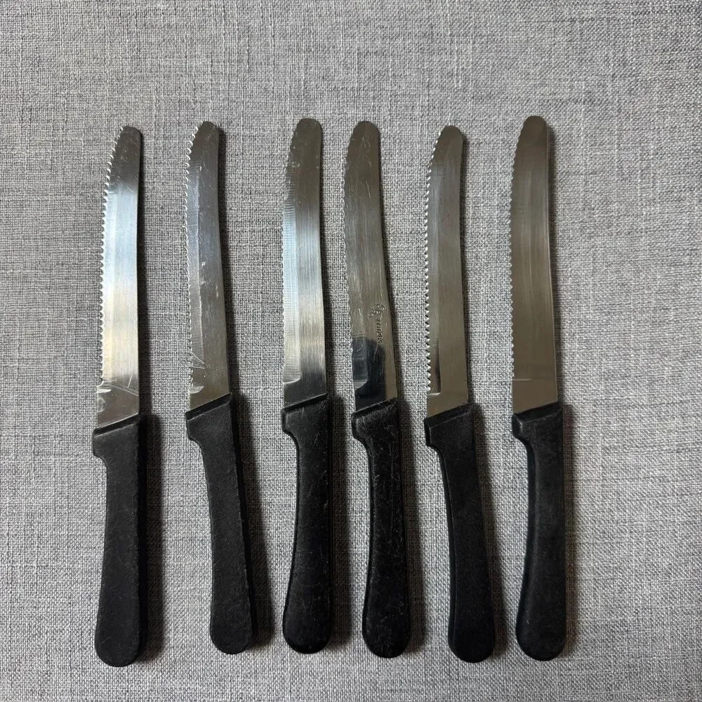 Serrated Steak Knives 6 Set Black Round Tip Kitchen Flatware Cutlery Cutting